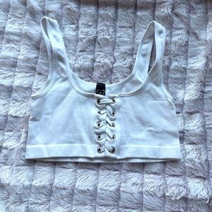 White Lace‑Up Front Crop Top